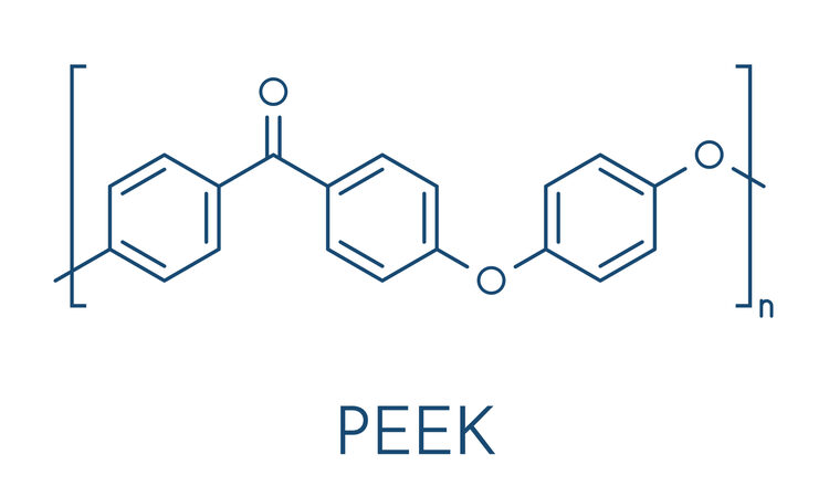 polyether ether ketone (peek) polymer, chemical structure. skeletal formula.